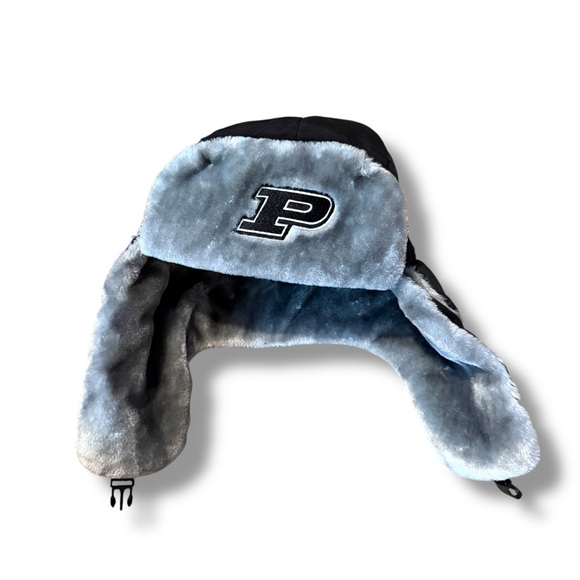 Purdue Trapper Hat One Size Black Gray Faux Fur Winter Lined Ear Flap Cap - Picture 1 of 7